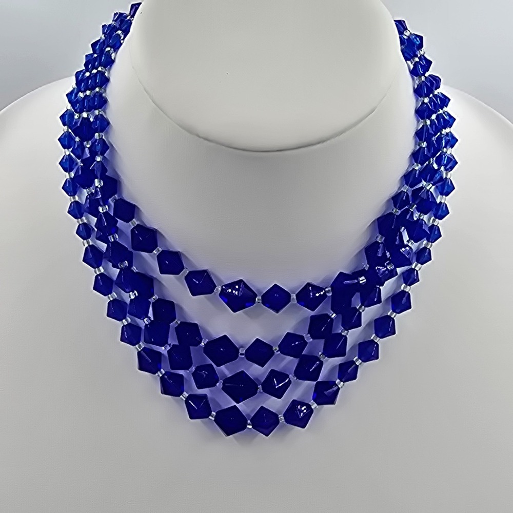 Vintage Japan Four Stand Glass Necklace Blue Statement Beaded - Picture 2 of 9